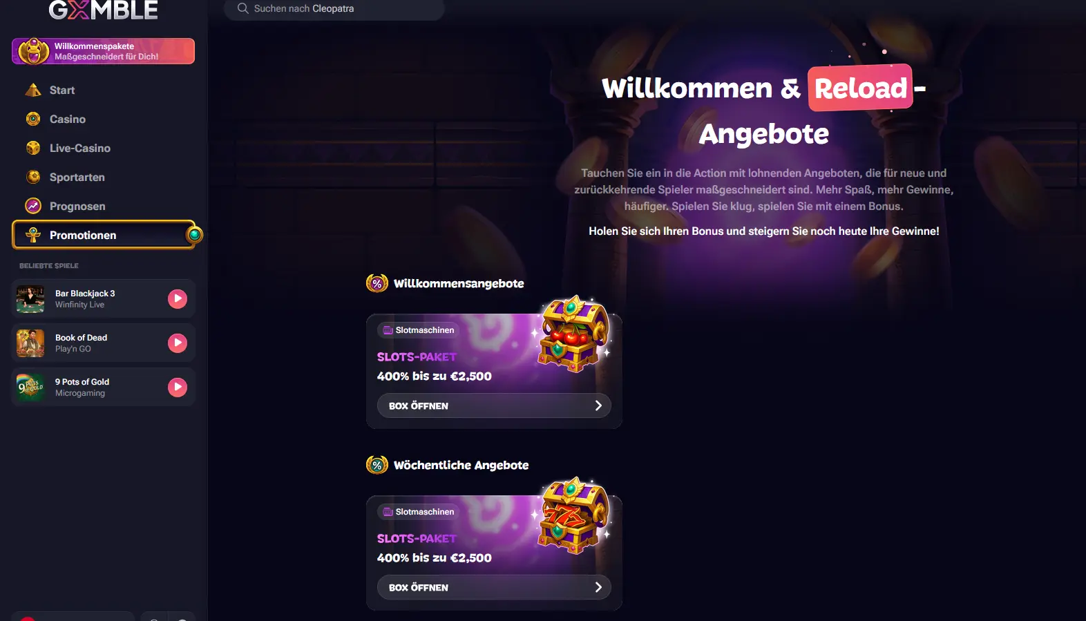 Gxmble Casino Promo Code GXMBLE200 in der Bonusübersicht mit Willkommensangeboten und wöchentlichen Aktionen