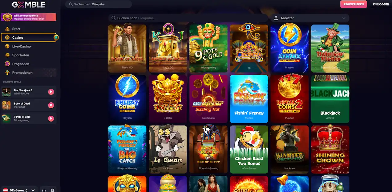Spielothek von Gxmble mit Slots, Anbieterfilter und Suchfunktion