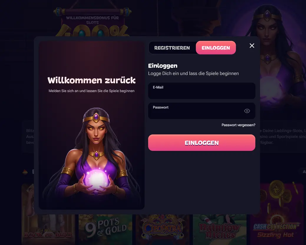Login-Fenster von Gxmble mit Feldern für E-Mail und Passwort