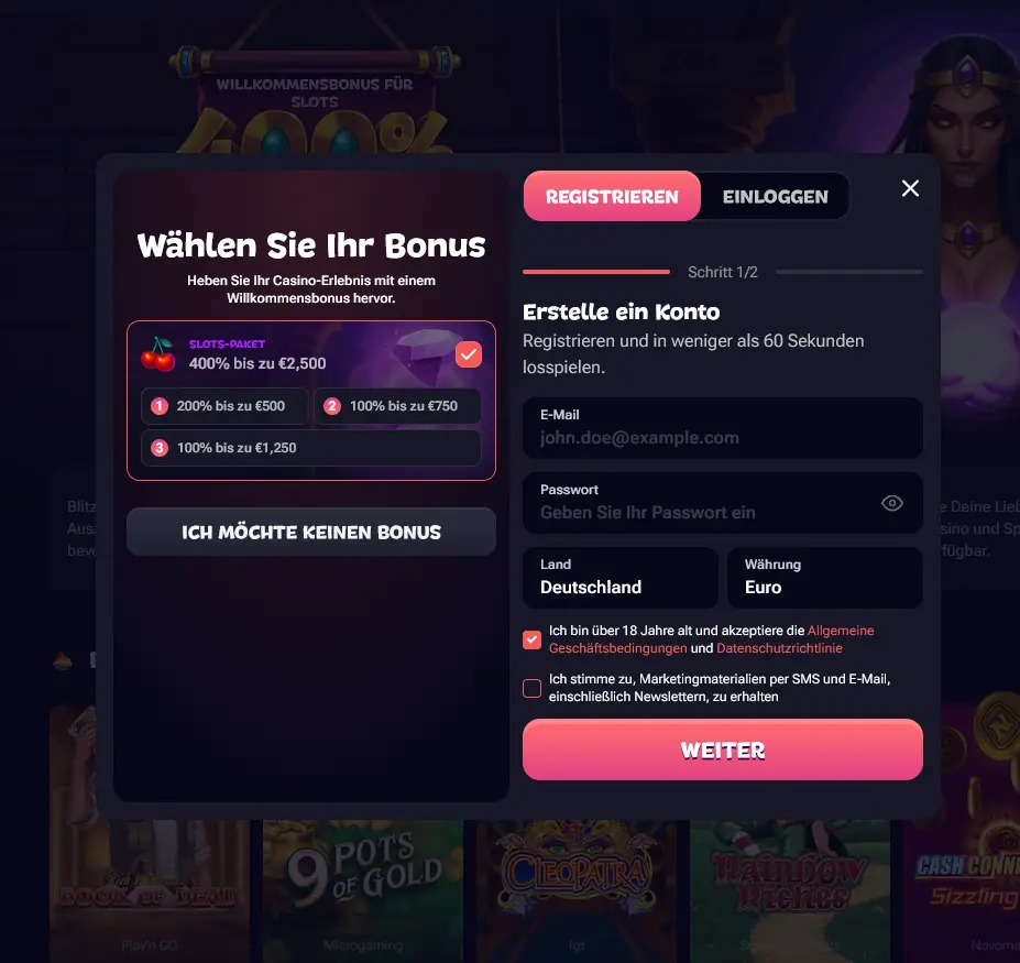 Registrierungsformular von Gxmble mit Auswahl des Willkommensbonus